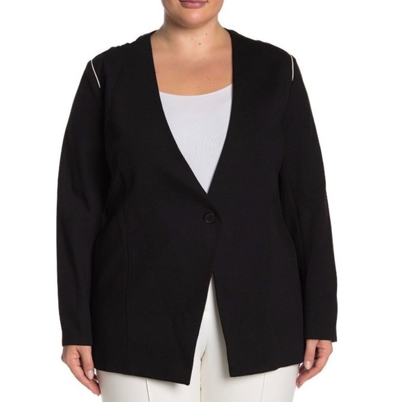 Amanda & Chelsea Black One Button White Piped Ponte Knit Blazer Jacket - Picture 1 of 7